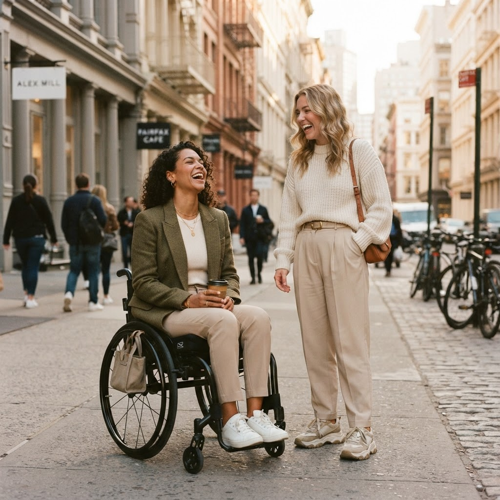 Two friends in EDSAN Adaptive clothing on a New York City sidewalk