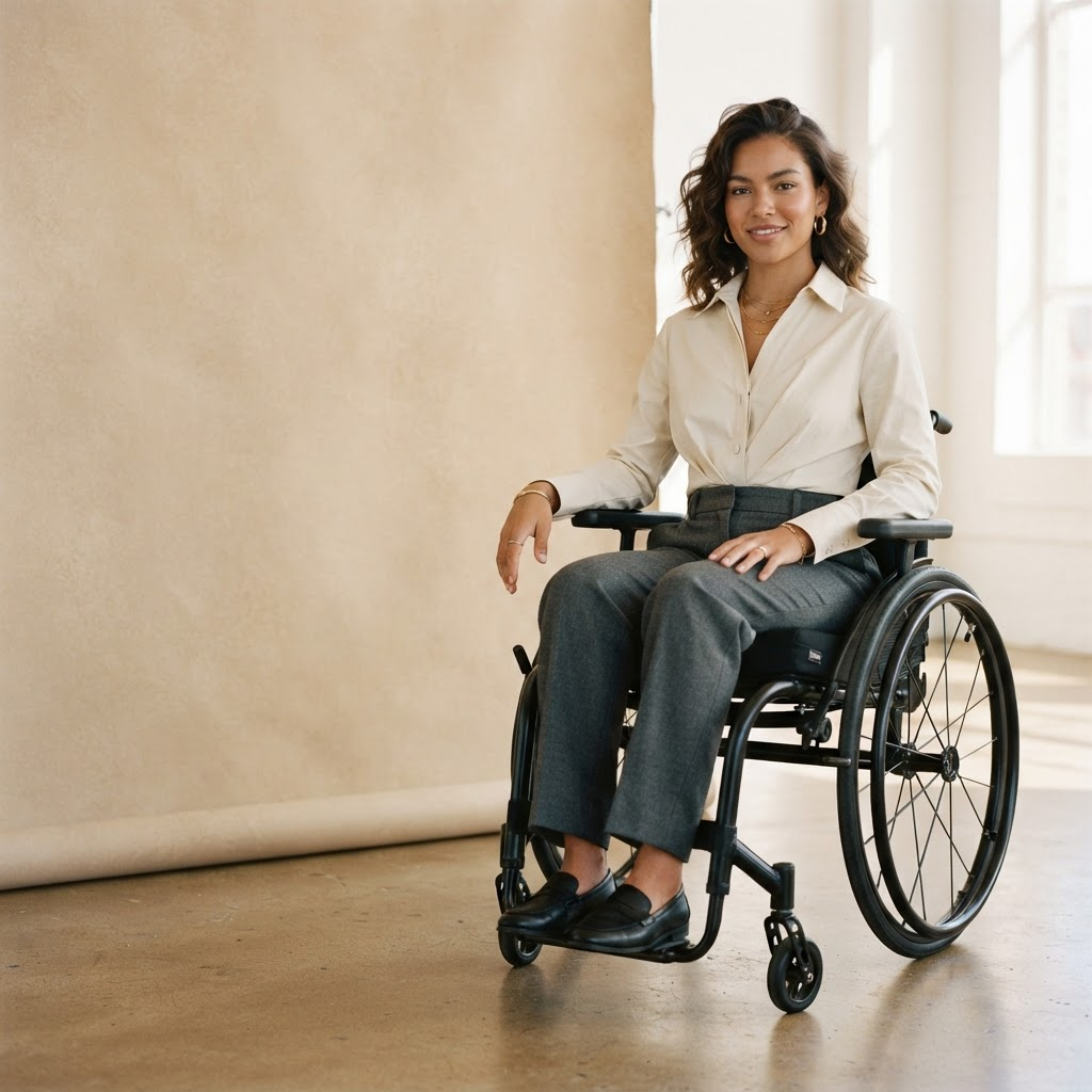 EDSAN Adaptive campaign — a model using a wheelchair wearing tailored warm-neutral adaptive clothing